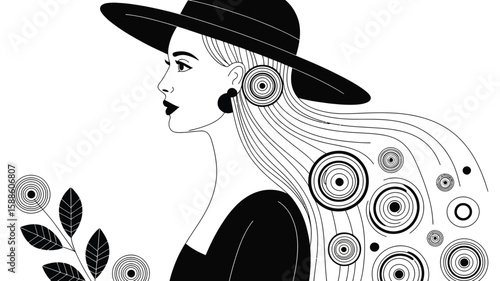 Elegant woman in a black witch hat with striking red lips and dark eyes, a vintage fashion model beside a horse