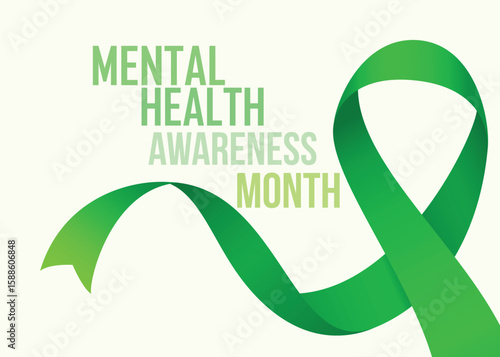 Green silky ribbon for mental health month of October. Curly green silky ribbon. Vector illustration.