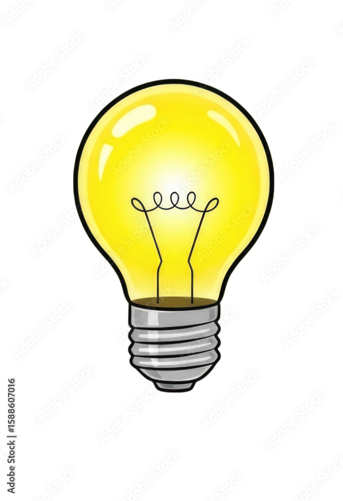 Bright yellow light bulb with metal base isolated on transparent bg, cutout png Bright yellow light bulb with metal base isolated on transparent bg, cutout png