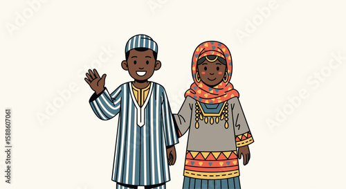 A young african boy and girl in traditional clothing wave happily together celebrating culture and diversity
