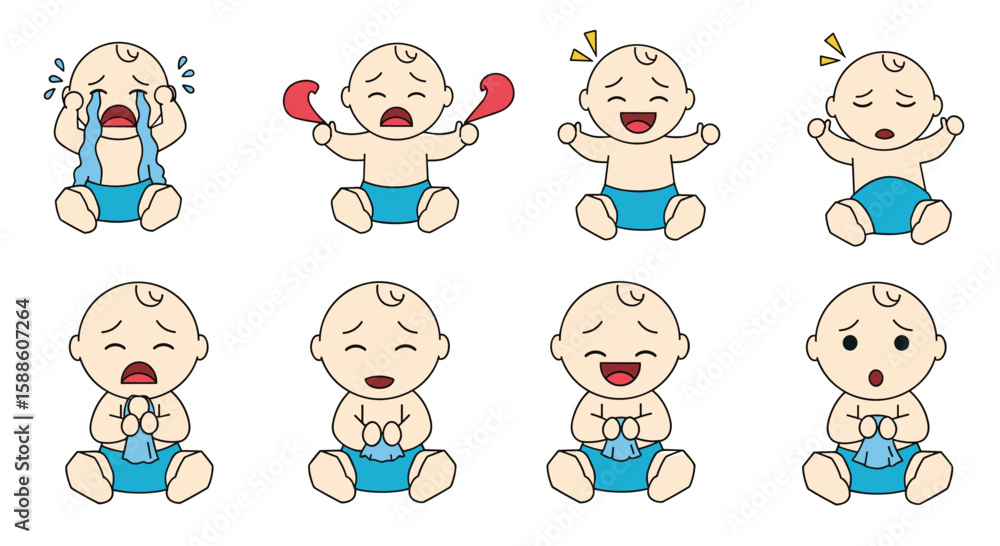 A collection of cute cartoon babies expressing a wide range of emotions through facial expressions and body language A collection of cute cartoon babies expressing a wide range of emotions through facial expressions and body language