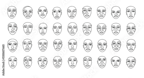 A grid of abstract pixelated human faces each rendered with simple line art featuring varied expressions and features