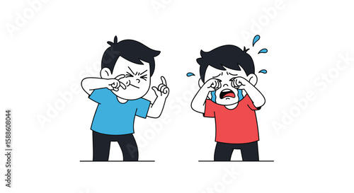 Two unhappy cartoon boys arguing and crying on a white background illustration