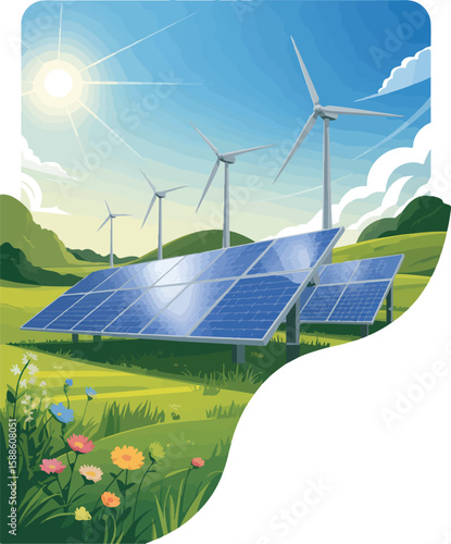 Sunny field with solar panels and wind turbines under a blue sky with clouds green energy