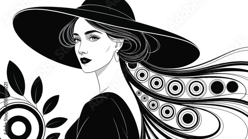 A glamorous woman in a black hat, showcasing her vintage beauty and elegant style with dark, sensual makeup