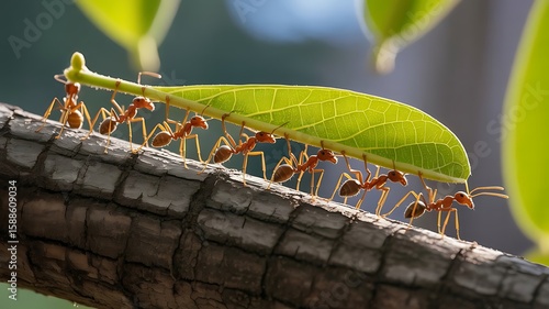 A team of ants demonstrates incredible teamwork while carrying a large leaf together