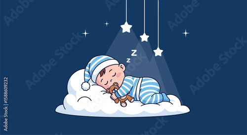 A cute baby sleeping peacefully on a cloud holding a teddy bear under a starry night sky