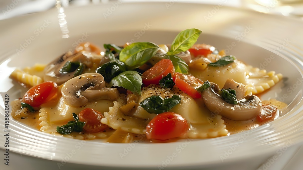 Fresh ravioli pasta with mushrooms, cherry tomatoes and basil in light butter sauce on white plate, close up view of traditional Italian cuisine. Fresh ravioli pasta with mushrooms, cherry tomatoes and basil in light butter sauce on white plate, close up view of traditional Italian cuisine.