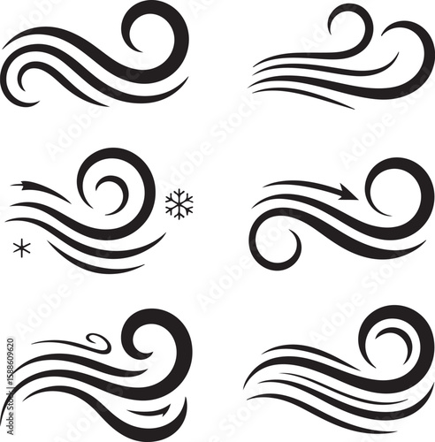 Stylized abstract wind swirls and streaks with snowflake and arrow vector