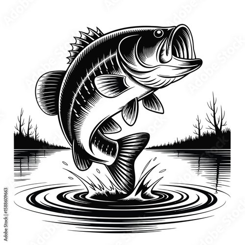 Black and white fish vector illustration with a tribal tattoo design, perfect for an ocean-inspired logo or marine art symbol