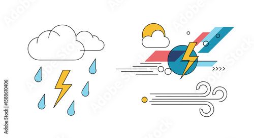 Visualizing extreme weather conditions thunderstorm rain gale force winds and sunshine elements