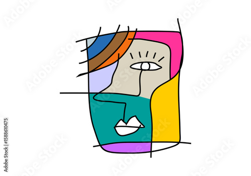 modern cubist abstract illustration of a human face, composed of bold lines, colorful blocks