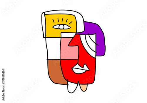 modern cubist abstract illustration of a human face, composed of bold lines, colorful blocks
