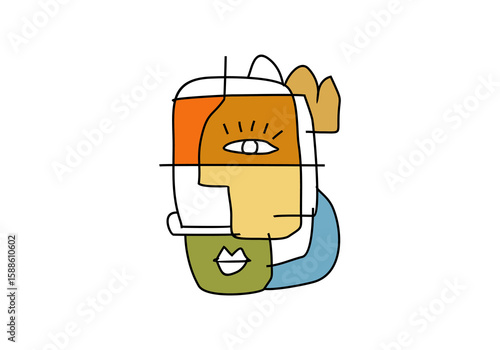 modern cubist abstract illustration of a human face, composed of bold lines, colorful blocks