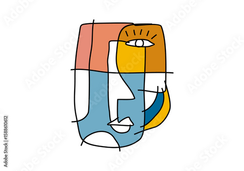 modern cubist abstract illustration of a human face, composed of bold lines, colorful blocks