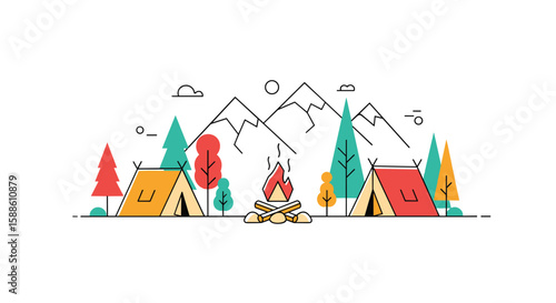 Vibrant flat design camping scene with mountains trees and a central campfire offering an outdoor adventure experience