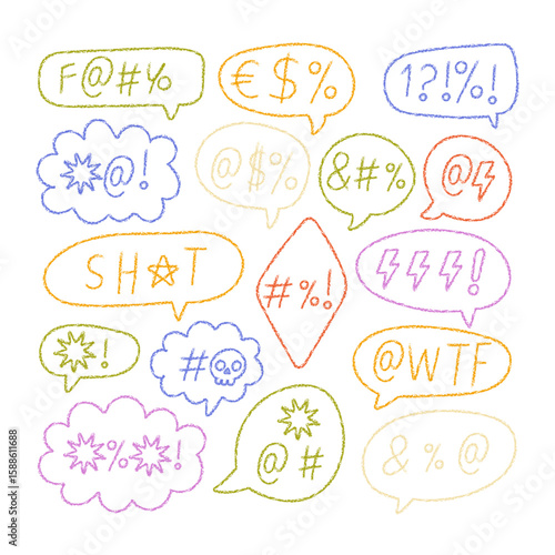 Color crayon speech bubbles with swear comic symbols
