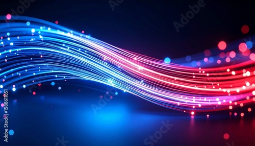 Dynamic fiber optic light trails in red, blue, and purple on dark tech background