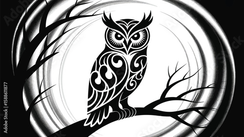 Black silhouette tribal owl tattoo design vector illustration with spread wings, a symbol of wild nature art