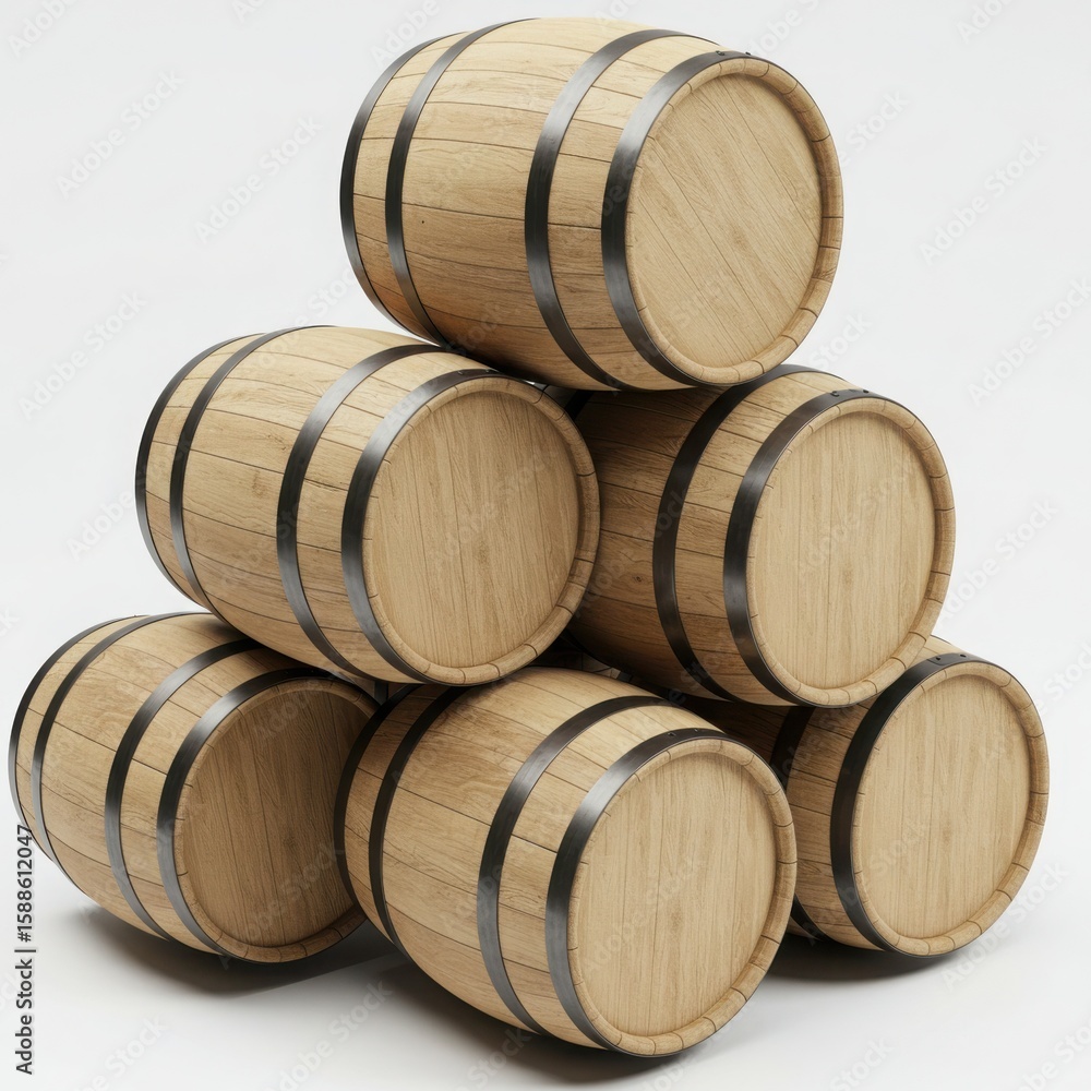 Stack of wooden barrels with metal bands stacked Stack of wooden barrels with metal bands stacked