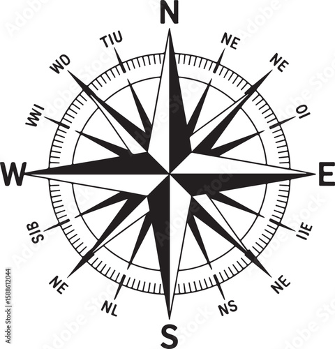 Classic black and white compass rose with cardinal directions and intermediate points silhouette