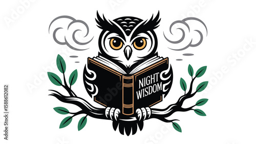 Cute wise owl bird cartoon character on a tree branch, a funny nature illustration design