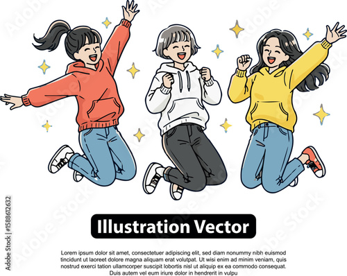 Enthusiastic Girls Jumping with Joy A Vibrant Vector Illustration of Friendship and Celebration