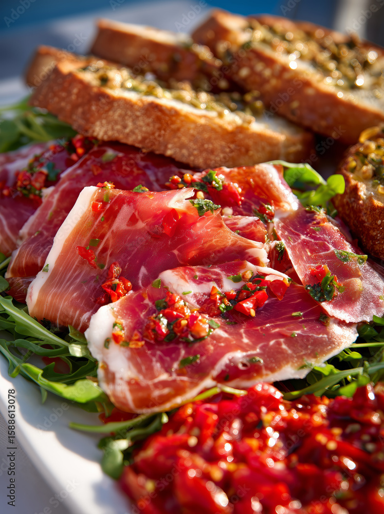 Obraz premium Cured ham with chili herb garnish and toasted bread on arugula