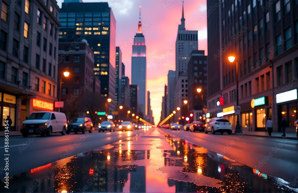 Naklejka premium serene cityscape dusk vibrant sky reflected onto wet pavement towering skyscrapers fade soft focus