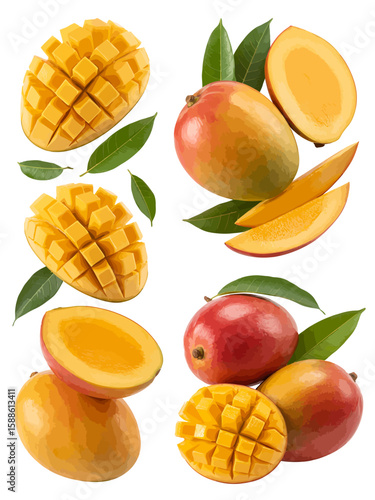 Mango Delight: A vibrant collection of fresh, ripe mangoes, some artfully sliced and diced, accompanied by lush green leaves, creating a mouthwatering still life.