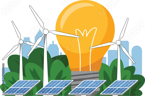 Green energy sources powering a bright future with wind turbines and solar panels light bulb