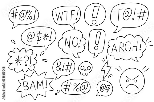 Cartoon speech bubbles with angry text and swear symbols