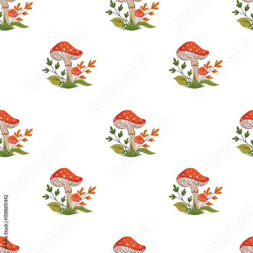 Bilde på lerret Seamless vector pattern with hand-drawn red fly agaric mushrooms, autumn leaves,
