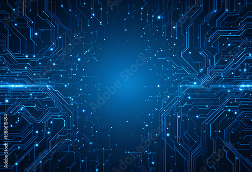 Glowing Circuitboard Lines and AI Signals in a Dark Blue Technology Background

