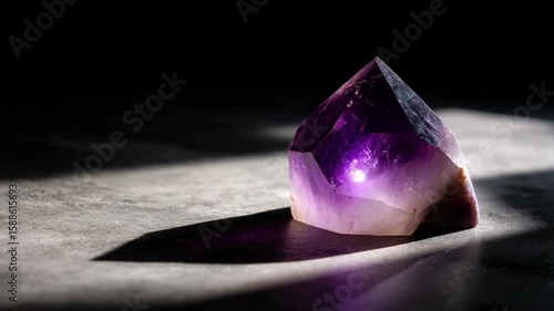 Purple amethyst crystal on a textured surface