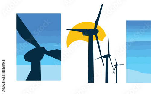 Dark blue wind turbines against bright yellow sun and blue sky renewable energy green energy