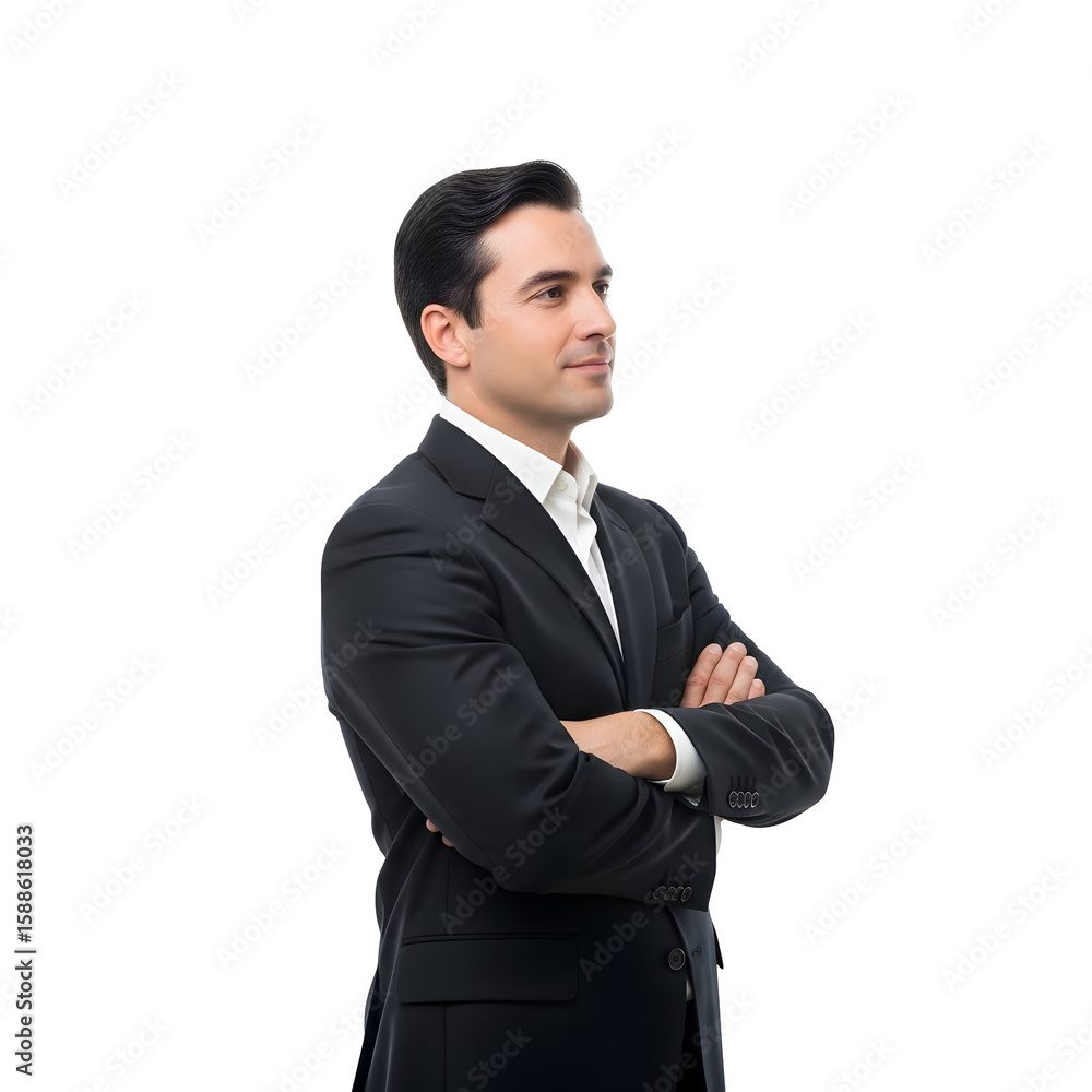 Confident businessman in suit with arms crossed stands against transparent background Confident businessman in suit with arms crossed stands against transparent background