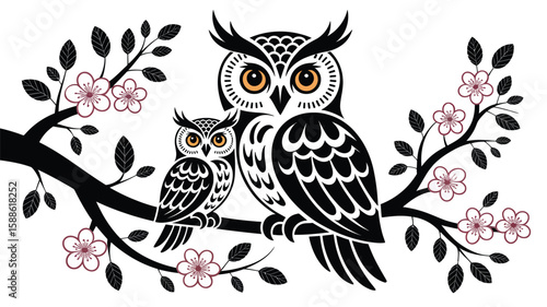 Cute cartoon owl family on a tree branch with a black and white floral background, perfect for a love or birthday card design