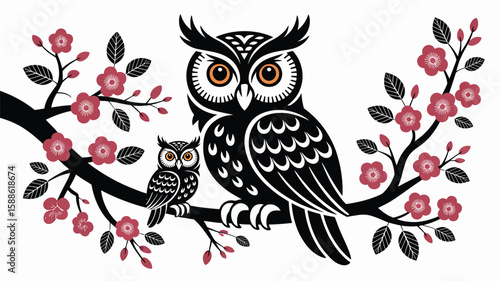 Cute cartoon owls on a branch, a wise and lovely nature illustration for a valentine's card