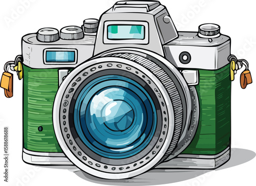 Old photographic camera with a classic lens, isolated black vintage film equipment