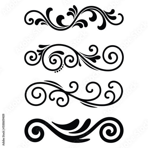 Collection of four elegant black ornamental decorative scrollwork borders with swirls and dots, flourishes dividers, Vintage Filigree ornament stroke scroll design