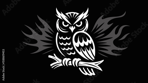 Mystical Owl Silhouette: A stark graphic silhouette of a wise owl perched on a branch against a black background, evoking mystery and the nocturnal realm.