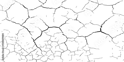 A stark, high-contrast black and white texture resembling cracked earth or shattered glass, showcasing an intricate network of irregular lines against a pristine white background. 