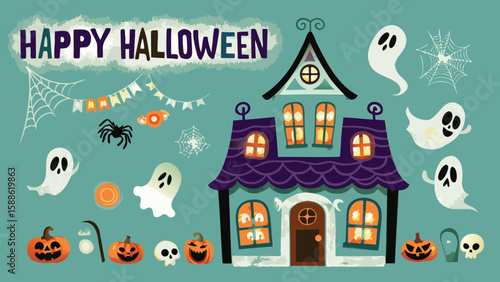 Halloween themed illustration with haunted house, ghosts, pumpkins and spider webs design art
