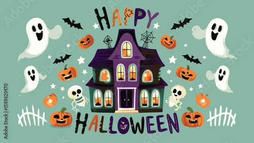 A halloween illustration featuring ghosts, pumpkins, bats, stars, and a haunted house with happy halloween text