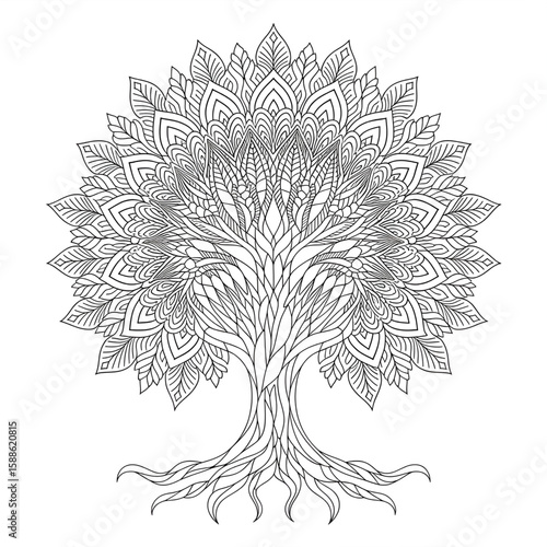 A black and white mandala tree illustration line art of a coloring page