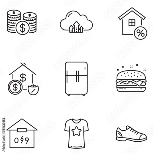 Black and white icon set representing finance cloud computing real estate and everyday items