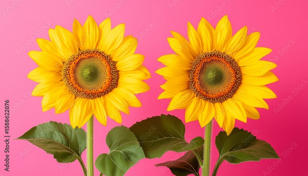 Naklejka premium Vibrant Sunflowers Blooming Under a Bright Sky with a Lively Fuchsia Background for Art Lovers