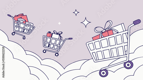 shopping cart with gifs floating in clouds