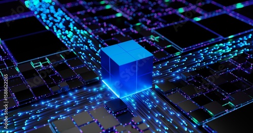 Futuristic Digital Data Flow and AI Computing Concept with Glowing Blue Cube on Circuit Board